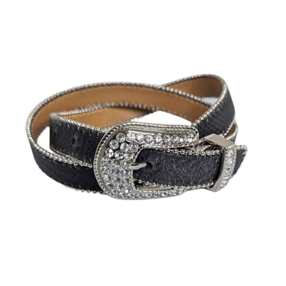 VTG Cache Black Pebbled Leather Rhinestone Silver Trim Buckle Western Belt